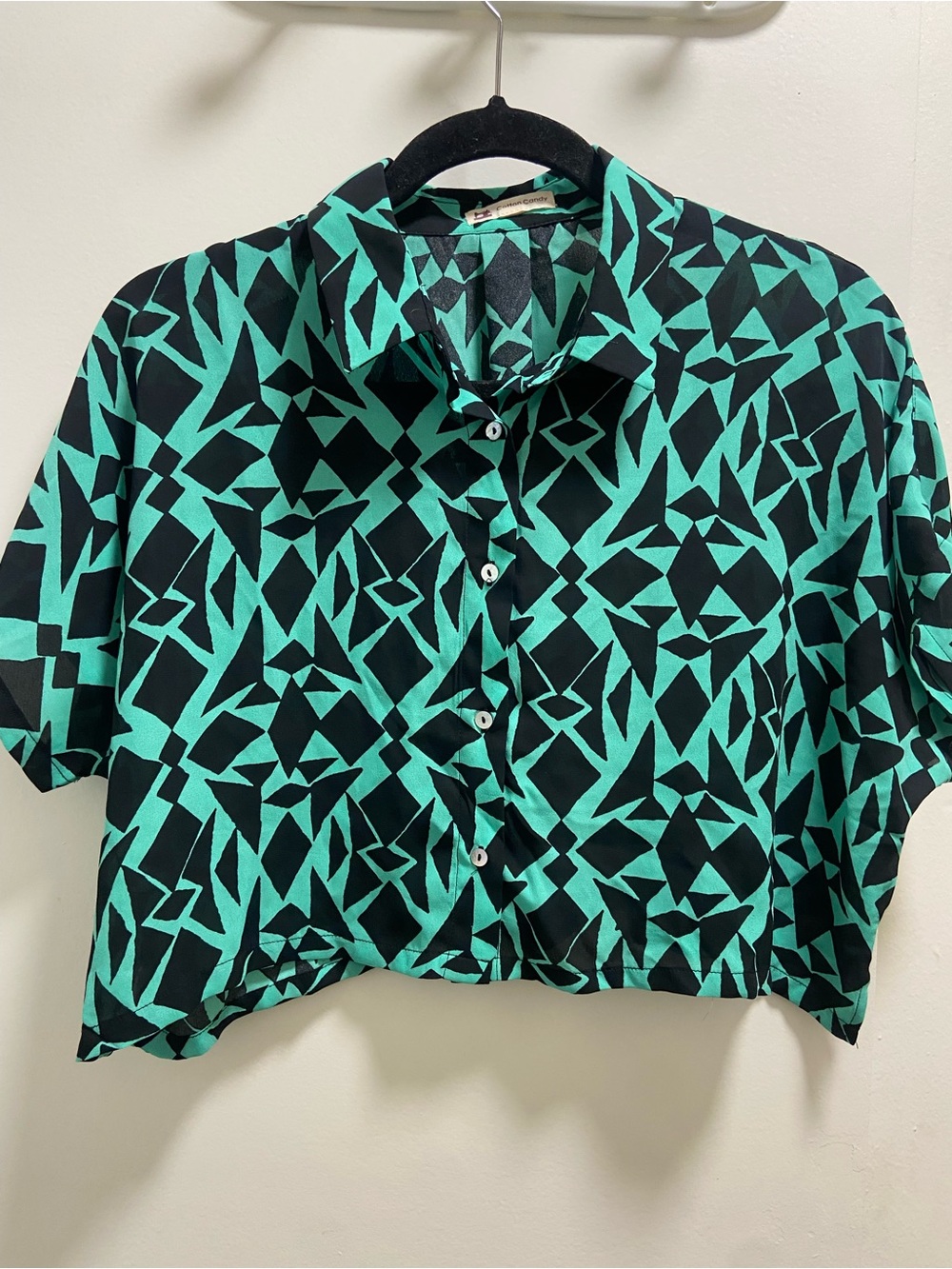 Womens Black and Teal Geometric Button-Front Top